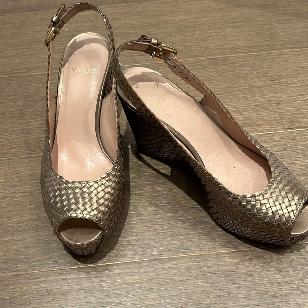 Stuart Weitzman Metallic Woven Peep-Toe Wedge Sandals